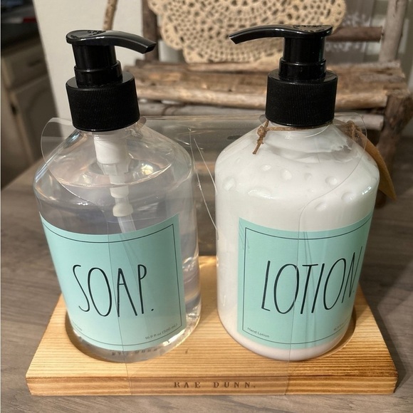 Rae Dunn Pump SOAP & LOTION on Wood Tray and CLEAN Cotton Pads Glass Jar Bundle - Picture 7 of 12